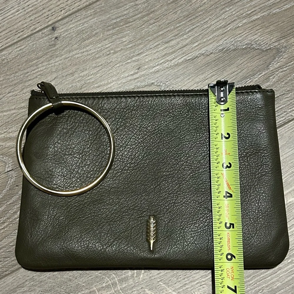 Thacker New York Olive Green Leather Clutch / Wristlet with Ring handle.